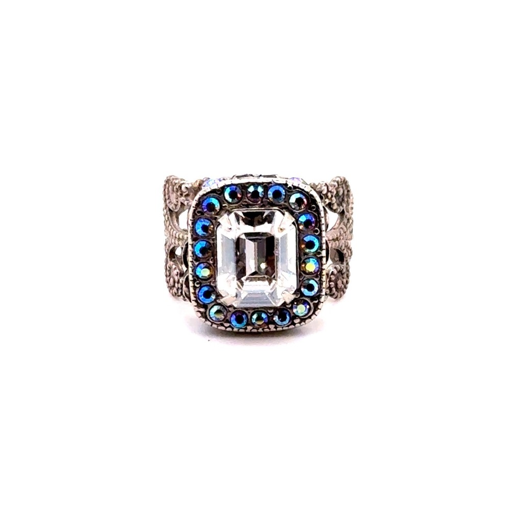 Sorrelli Vintage Emerald Cut Crystal Ring AB Halo Silver Tone Statement